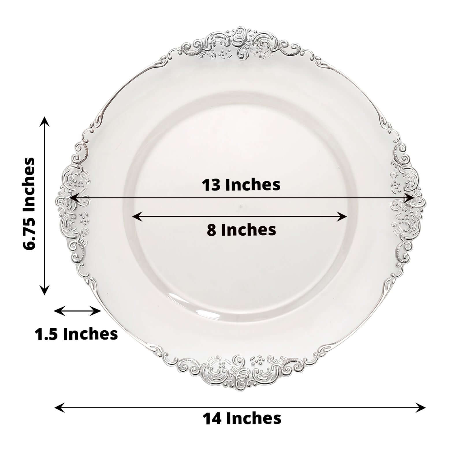 6-Pack Acrylic Round Charger Plates 13" in Clear with Silver Embossed Baroque Rim, Antique Decorative Dinner Party Charger Tableware
