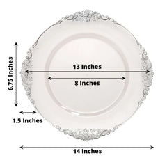 6-Pack Acrylic Round Charger Plates 13" in Clear with Silver Embossed Baroque Rim, Antique Decorative Dinner Party Charger Tableware