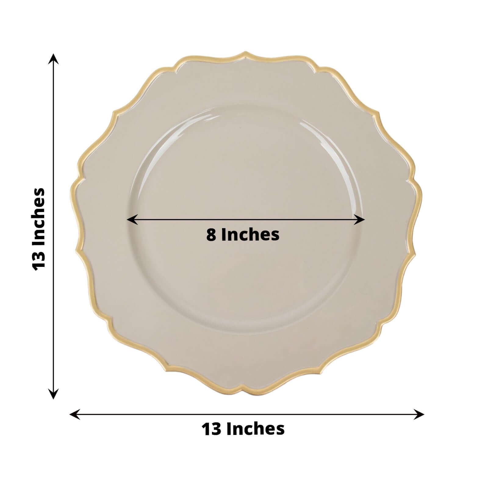 6-Pack Acrylic Round Charger Plates 13" in Taupe with Gold Scalloped Rim, Decorative Dinner Party Plastic Charger Tableware