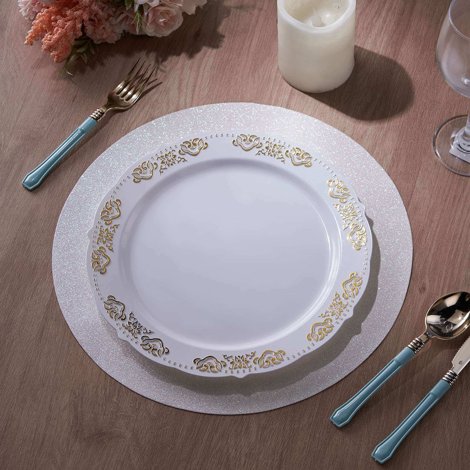 6-Pack Placemats Glitter Design Iridescent Sparkle Round - Non-Slip Decorative Dining Table Mats 13"