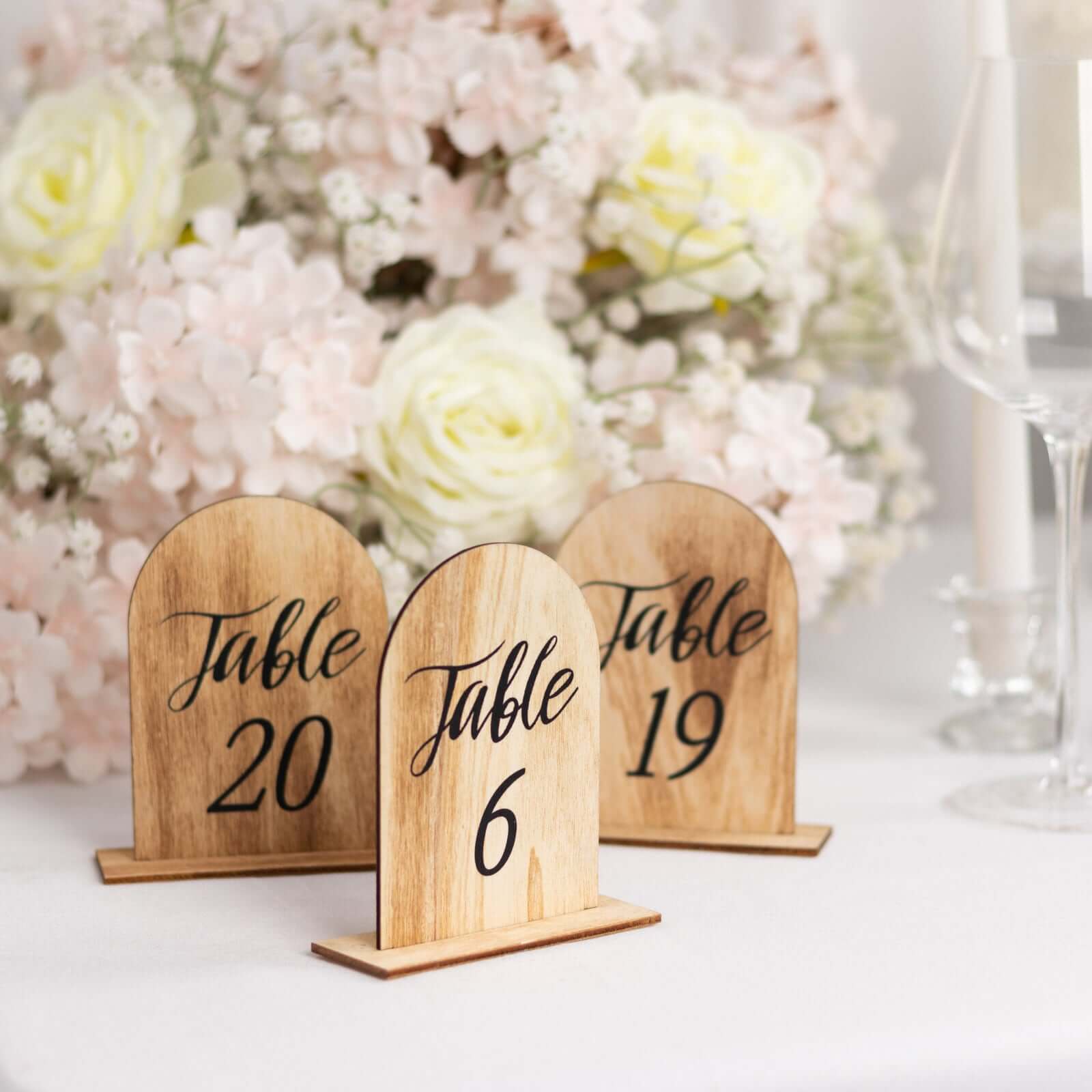 20-Pack Natural Wooden Table Numbers 1-20 Rustic Arch Design with Removable Base - Ideal for Banquets and Receptions 4.5"