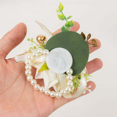 2 Pack White Artificial Rose Wrist Corsages With Pearls, 4" Flower Bracelet Wedding Accessories