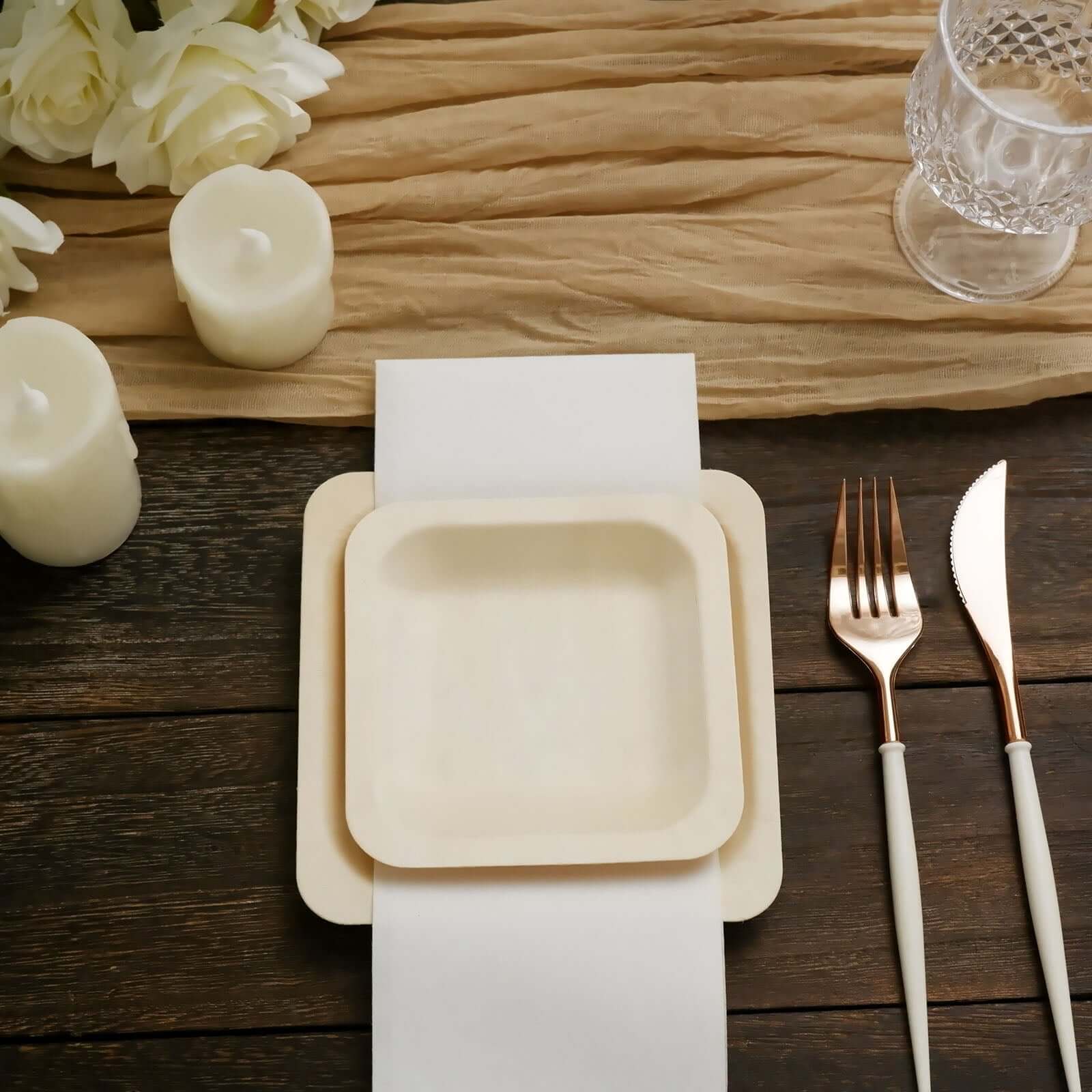 25 Pack 6" Square Eco Friendly Birchwood Wooden Dessert, Appetizer Plates