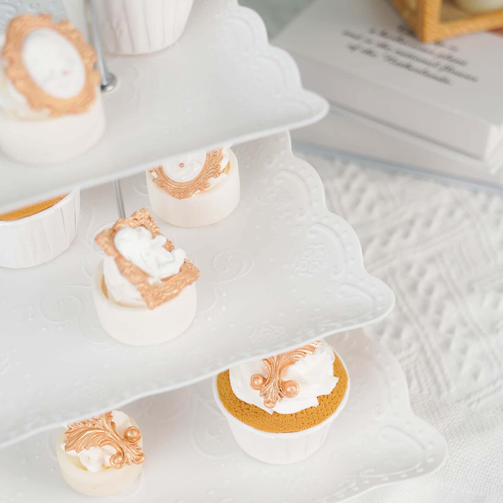 3-Tier Plastic Square Cupcake Stand Tower White - Charming Easy to Assemble Dessert Display Serving Tray Platter with Floral Embossed Scalloped Rim & Silver Handle for Tea Parties Weddings & Special Occasions 13"