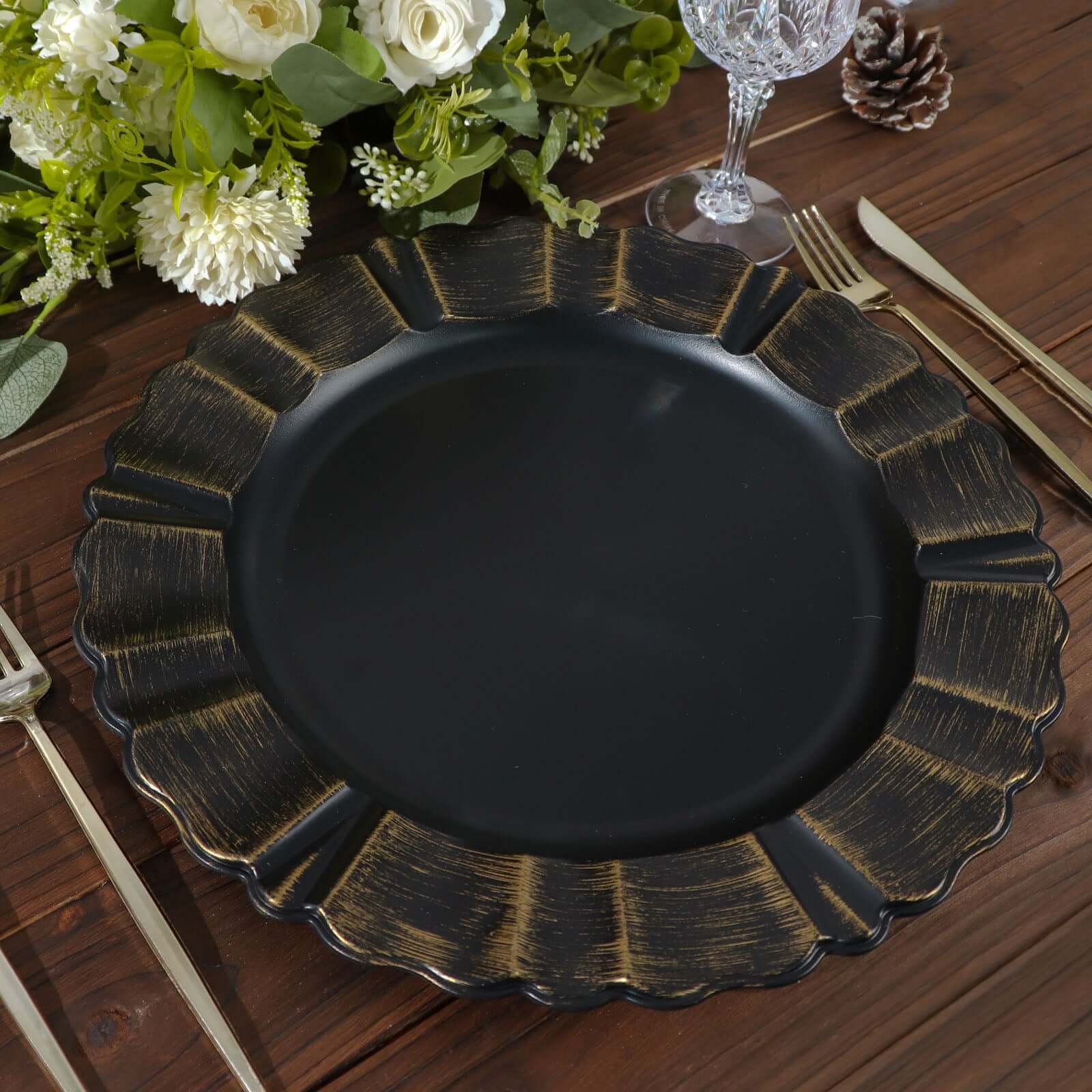 6-Pack Acrylic Plastic Round Charger Plates 13" in Matte Black with Gold Brushed Wavy Scalloped Rim, Decorative Dinner Party Charger Tableware