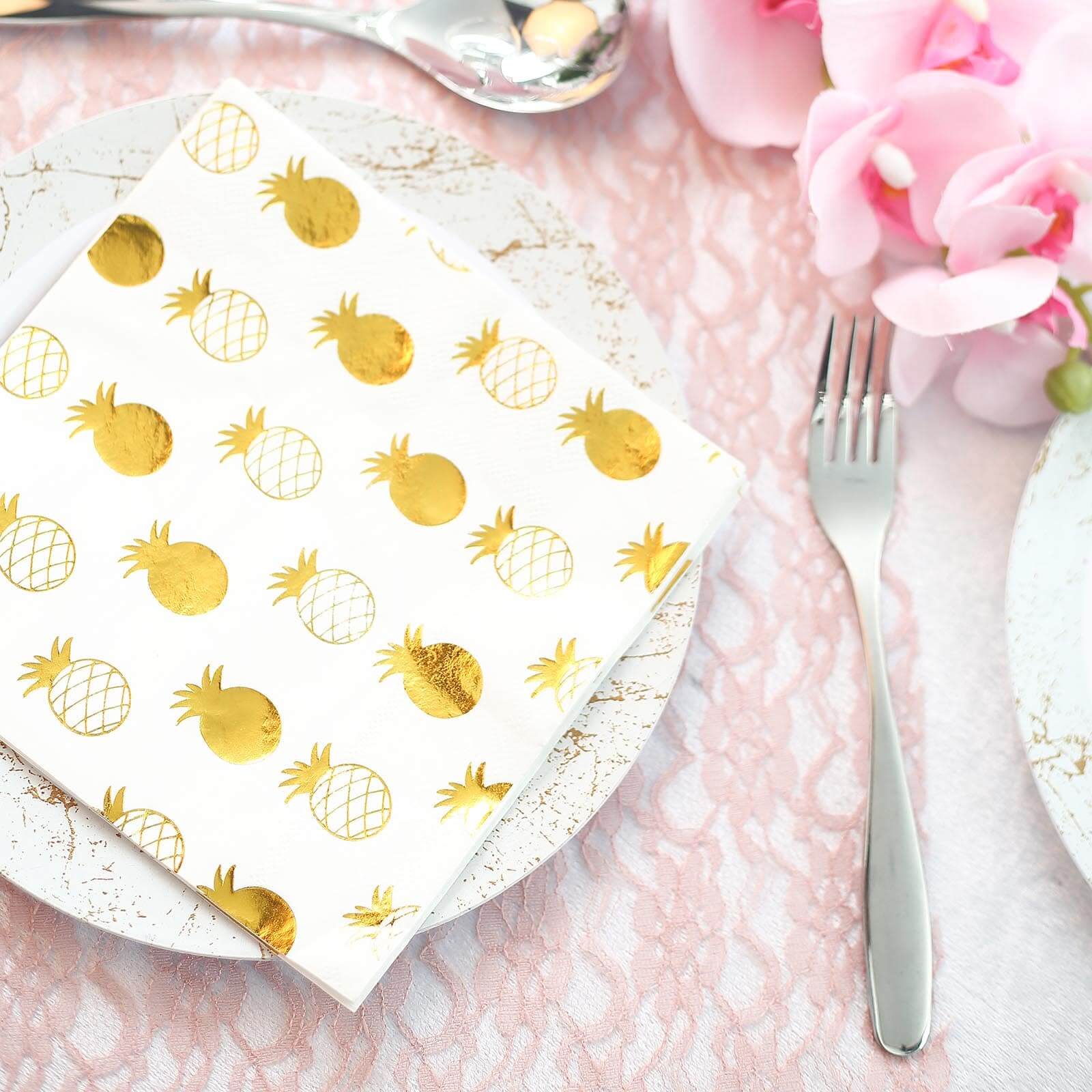 20-Pack Paper Dinner Napkins with Pineapple Design Metallic Gold - Disposable 3 Ply Cocktail Napkins for Parties