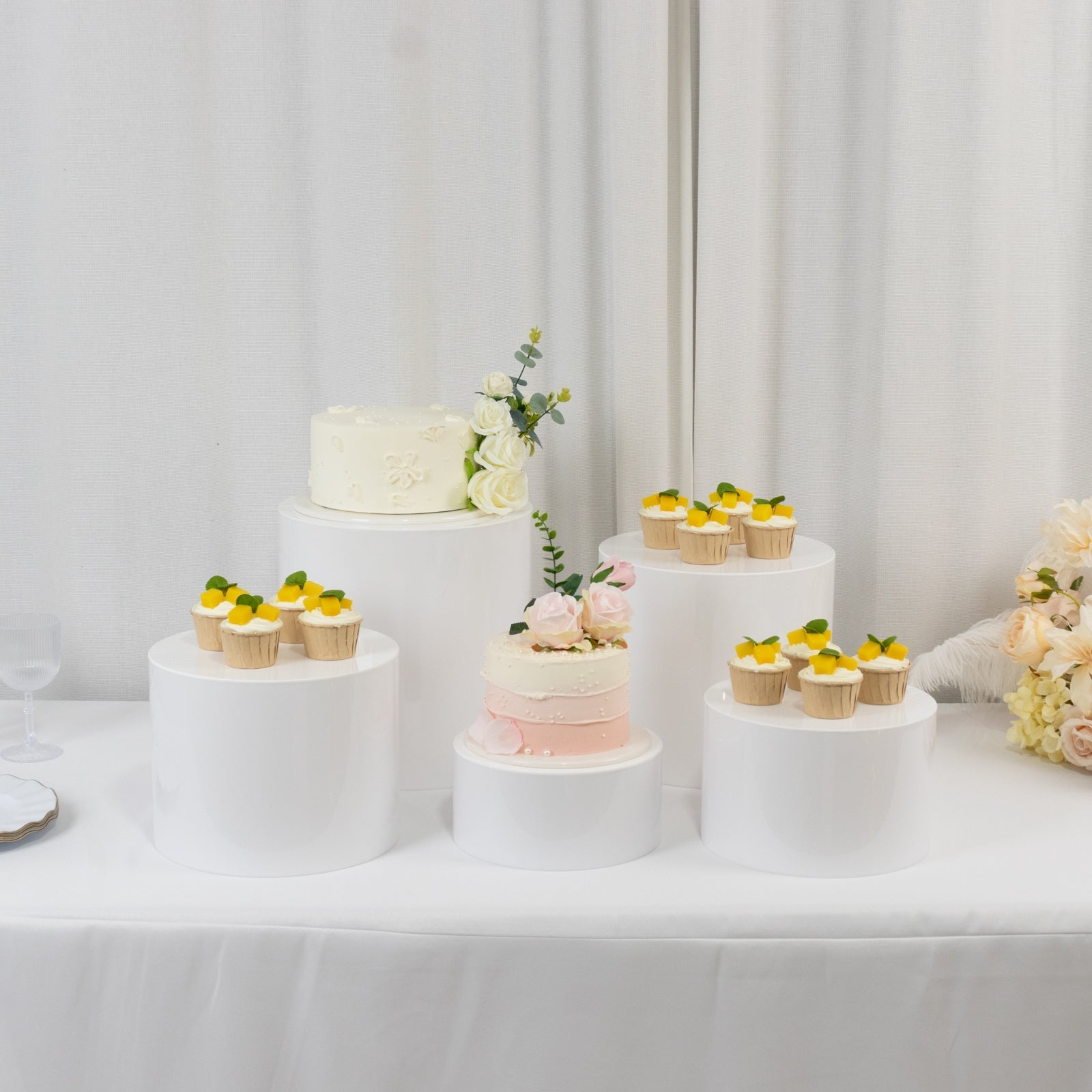 Set of 5 Acrylic Cake Stands Cylinder Design Round White - Display Risers for Events 4", 6", 8", 10", 12"