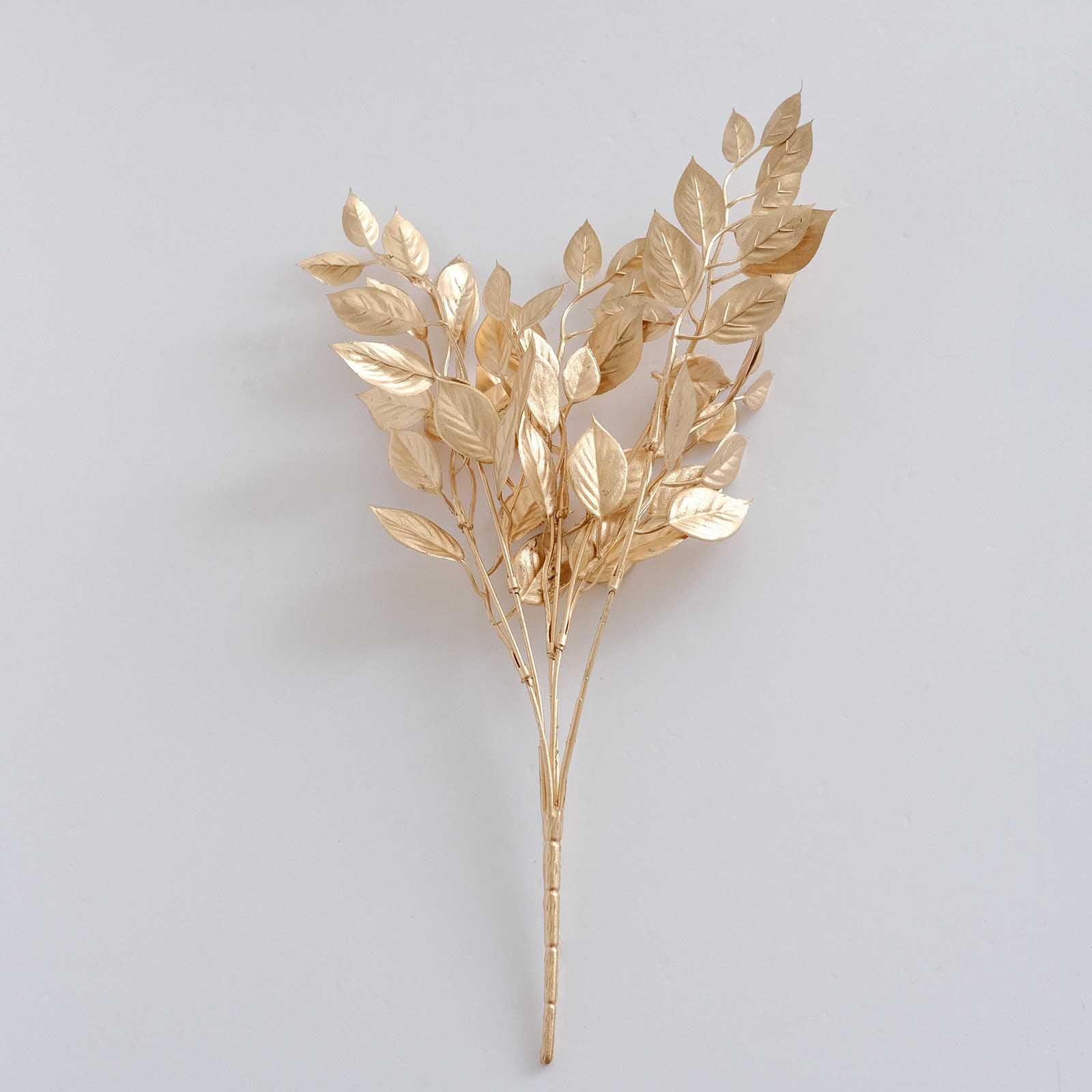 4-Pack Artificial Italian Ruscus Leaves Branches Metallic Gold - Flexible Faux Spray Plant Stem Vase Fillers for Exquisite Tablescapes & Floral Displays 14"