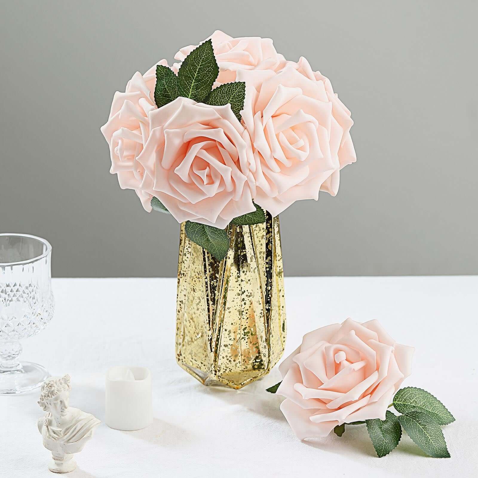 24 Roses 5" Blush Artificial Foam Flowers With Stem Wire and Leaves