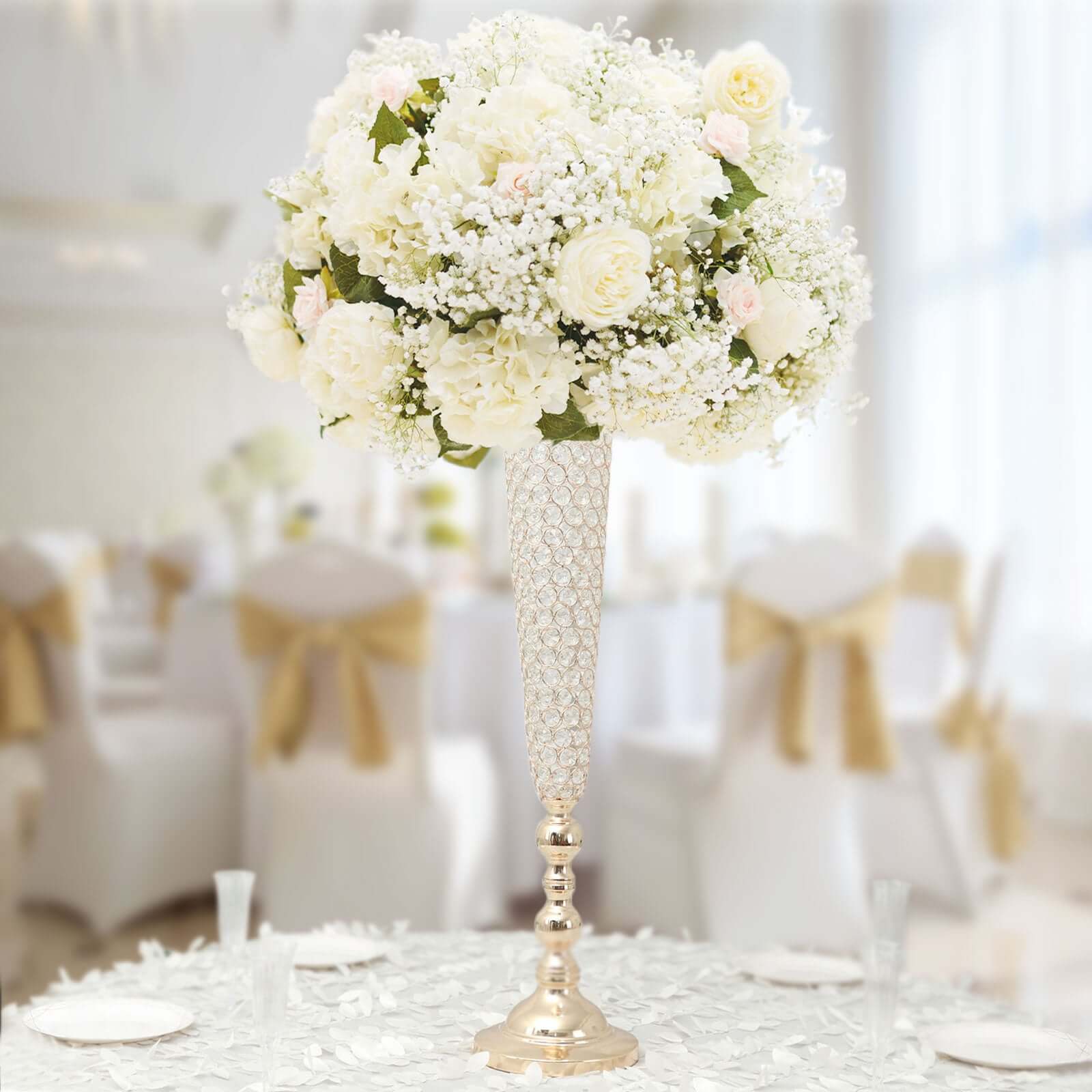 2-Pack Crystal Beaded Trumpet Vase Set Gold - Table Centerpiece for Grand Occasions 40"