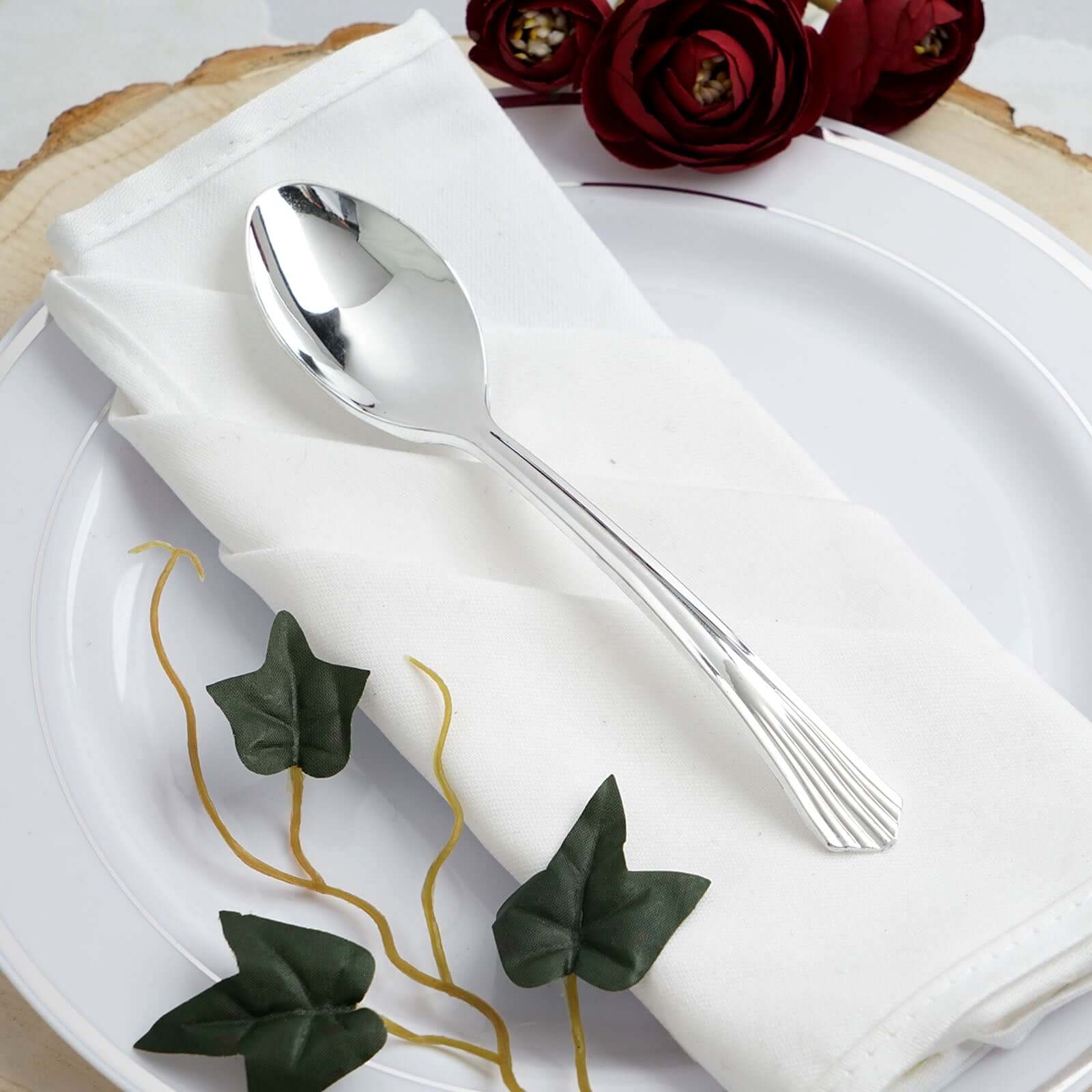25-Pack Plastic Spoons Silver Heavy Duty with Fluted Handles - Reliable Disposable Cutlery 7"