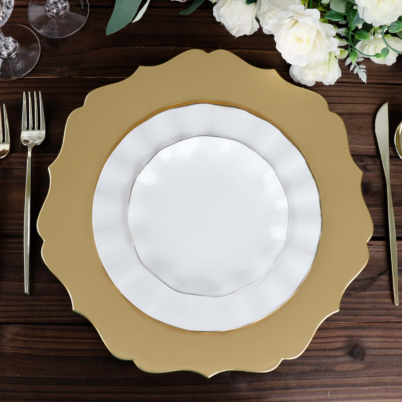 6 Pack 13" Metallic Gold Acrylic Charger Plates Scalloped Rim, Gold Plastic Charger Plates