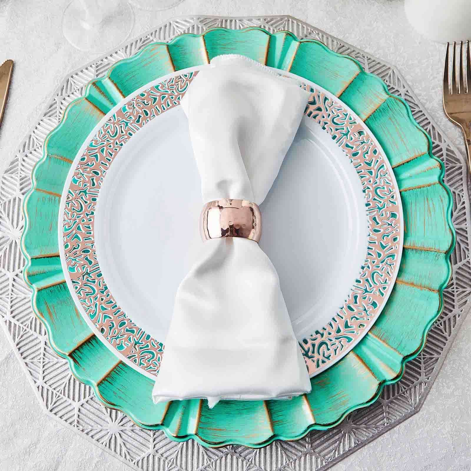 6-Pack Acrylic Plastic Round Charger Plates 13" in Turquoise with Gold Brushed Wavy Scalloped Rim, Decorative Dinner Party Charger Tableware
