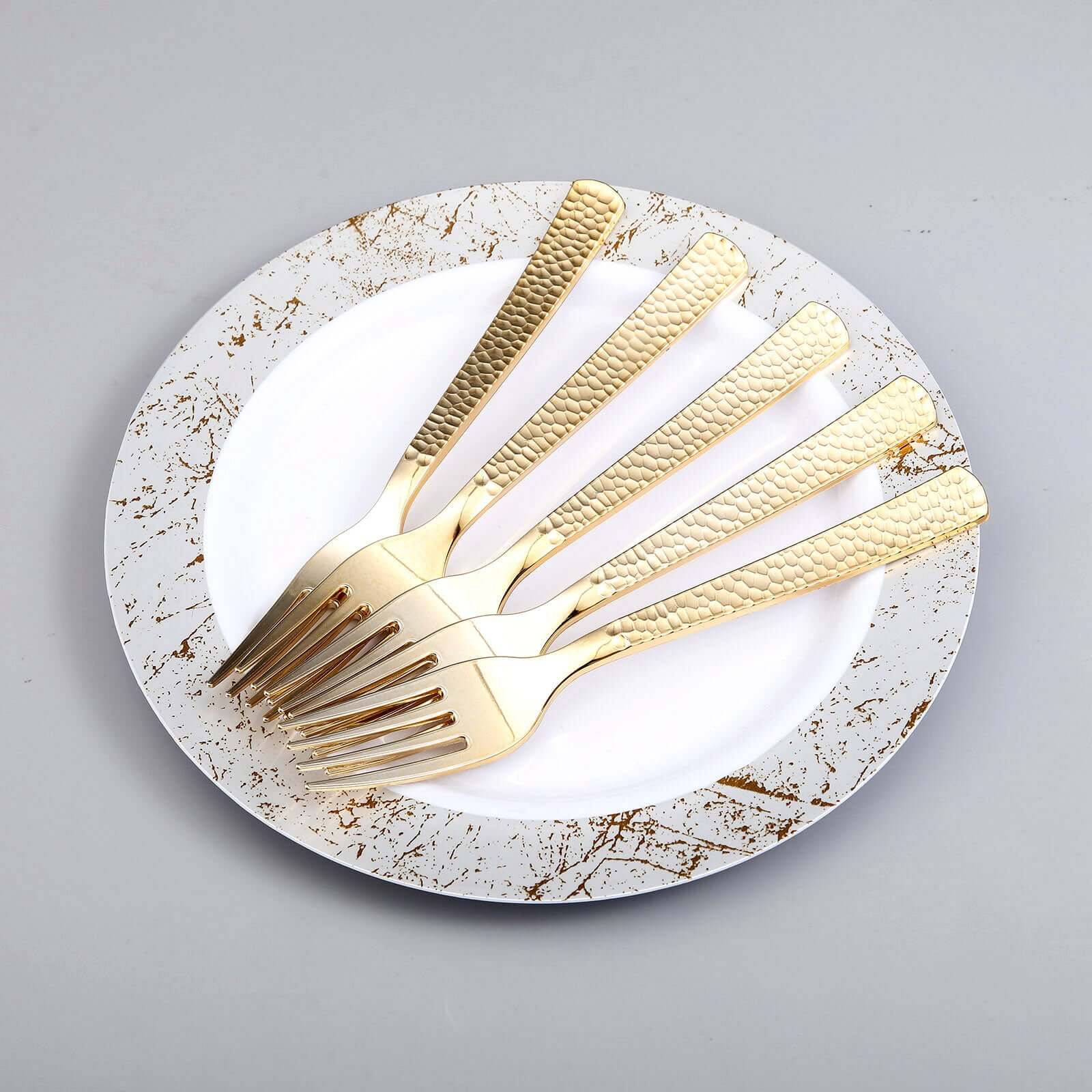 24-Pack Plastic Forks with Hammered Style Gold - Heavy Duty Disposable Silverware 7"