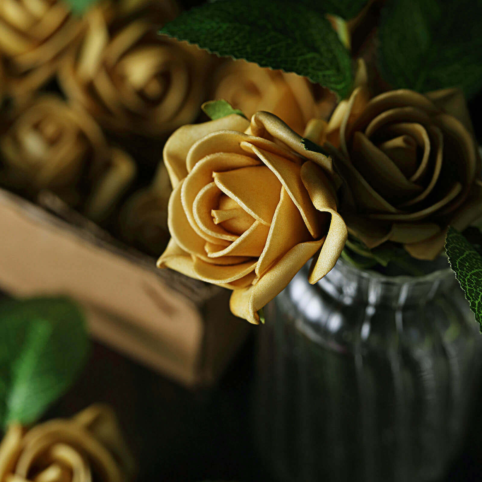 24 Roses 2" Gold Artificial Foam Flowers With Stem Wire and Leaves