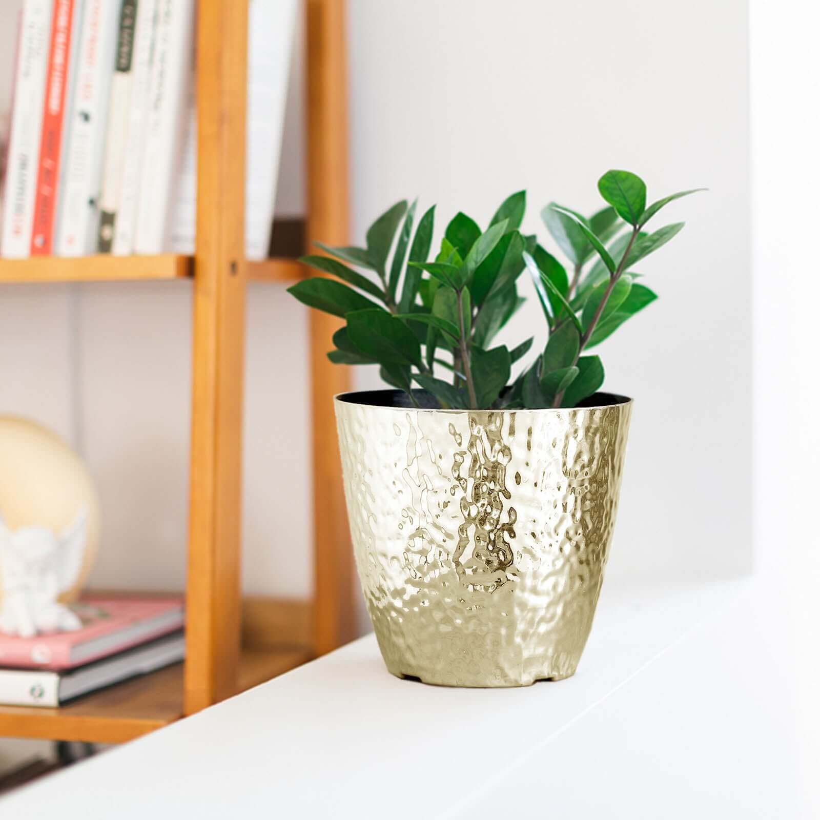11" Gold Hammered Design Large Indoor Flower Plant Pot, Decorative Greenery Planter