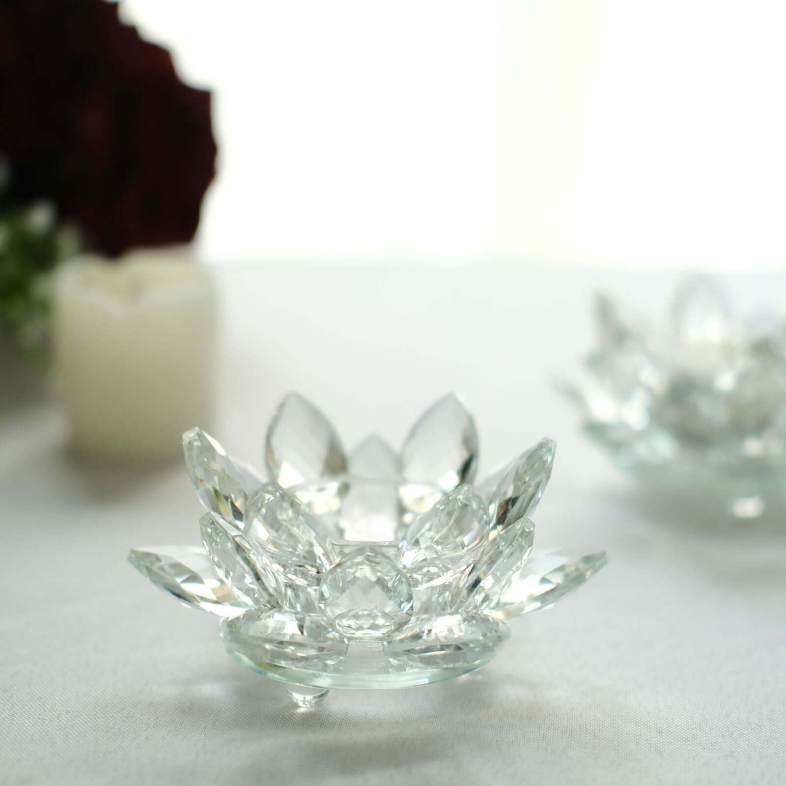 2 Pack Clear 4.5" Crystal Glass Lotus Flower Votive Candle Holders, Tealight Taper Candle Stands
