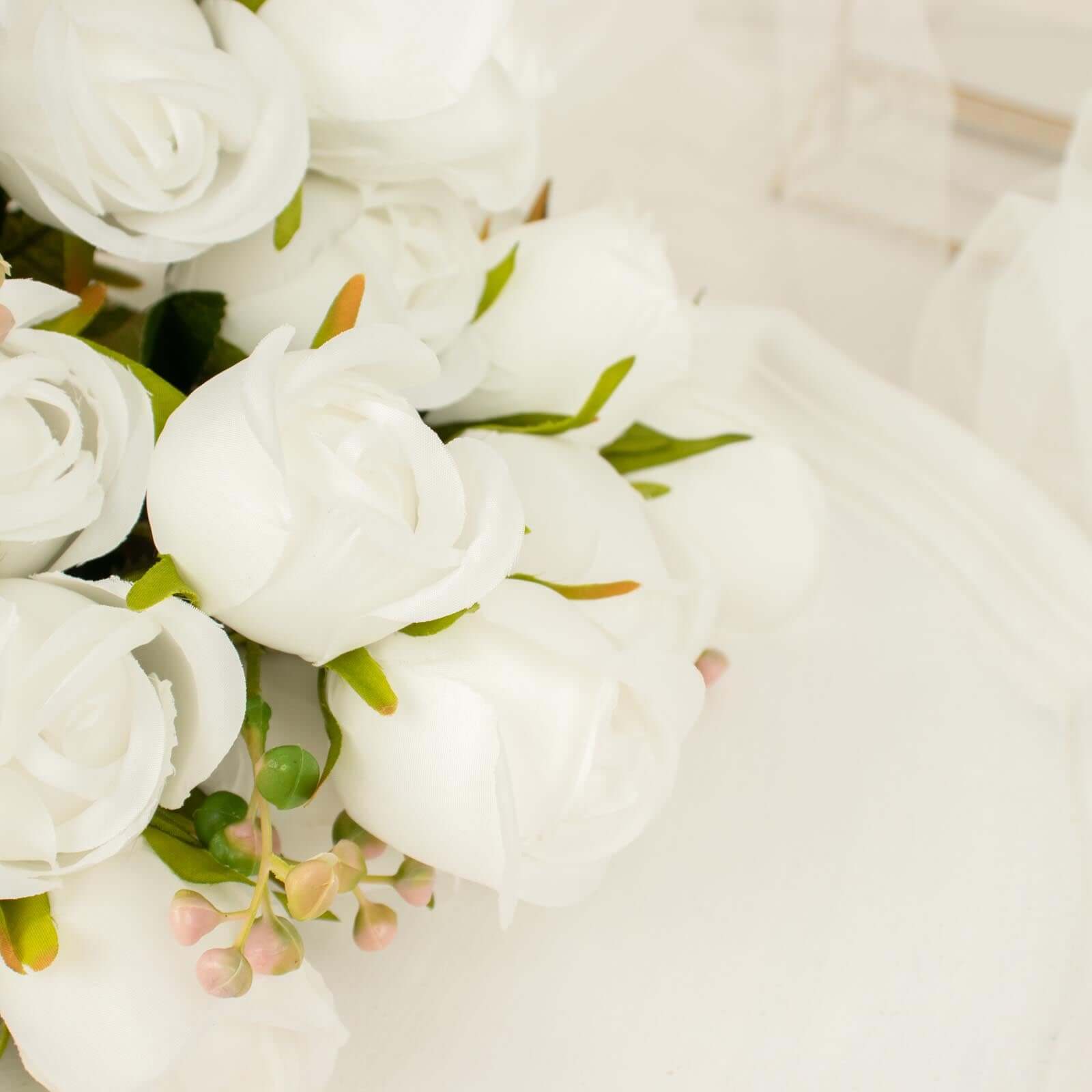 3 Pack 13" White Real Touch Silk Rose Bud Flower Bridal Bouquets, Artificial Floral Bush Arrangements
