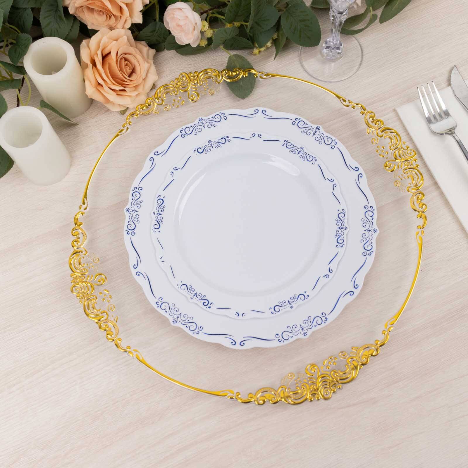 10-Pack Plastic 7" Round Dessert Plates in White with Blue Vintage Embossed Rim - Sturdy Disposable Scalloped Edge Salad Plates