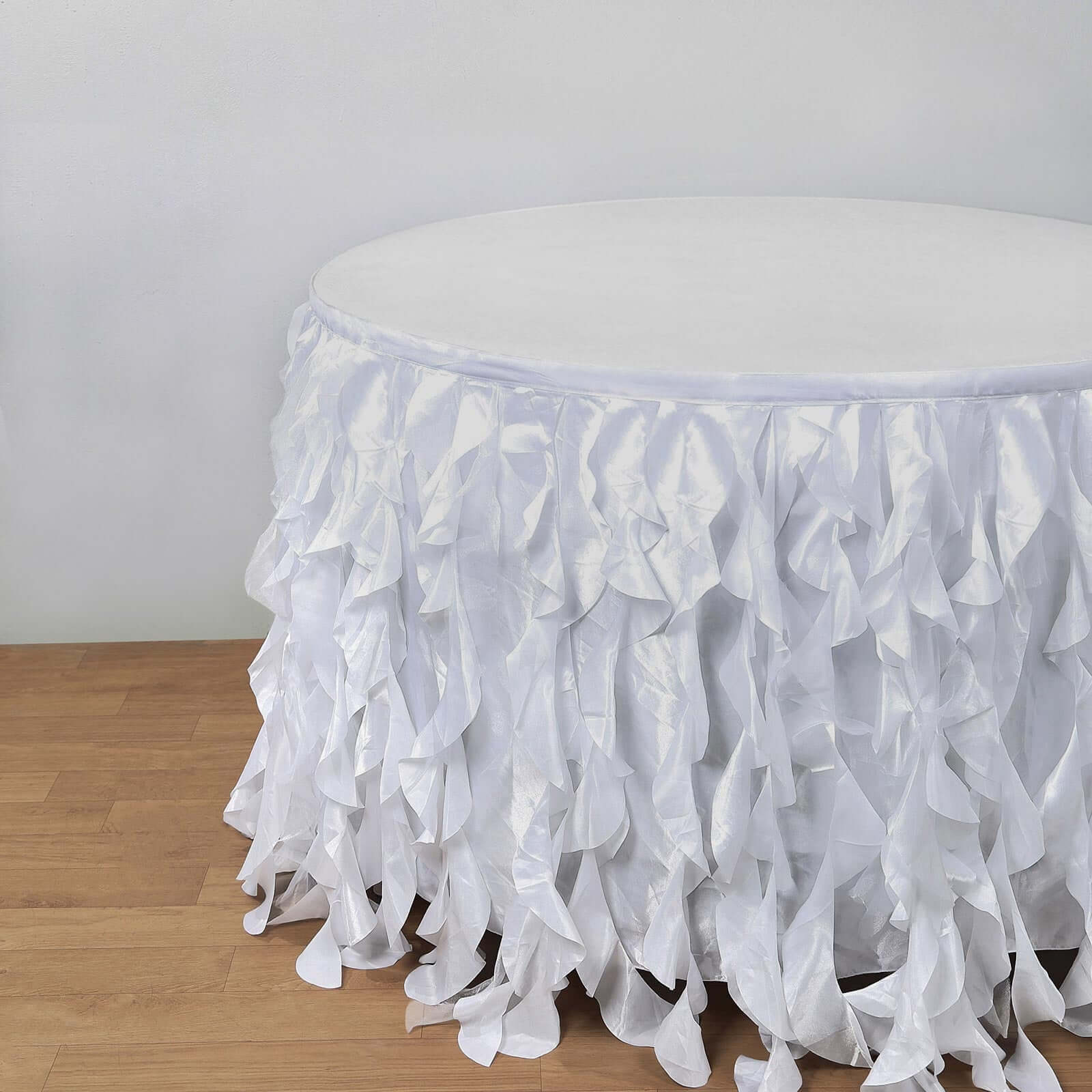 Taffeta 21ft Table Skirt White Cascading Curly Willow Style for Weddings & Banquets