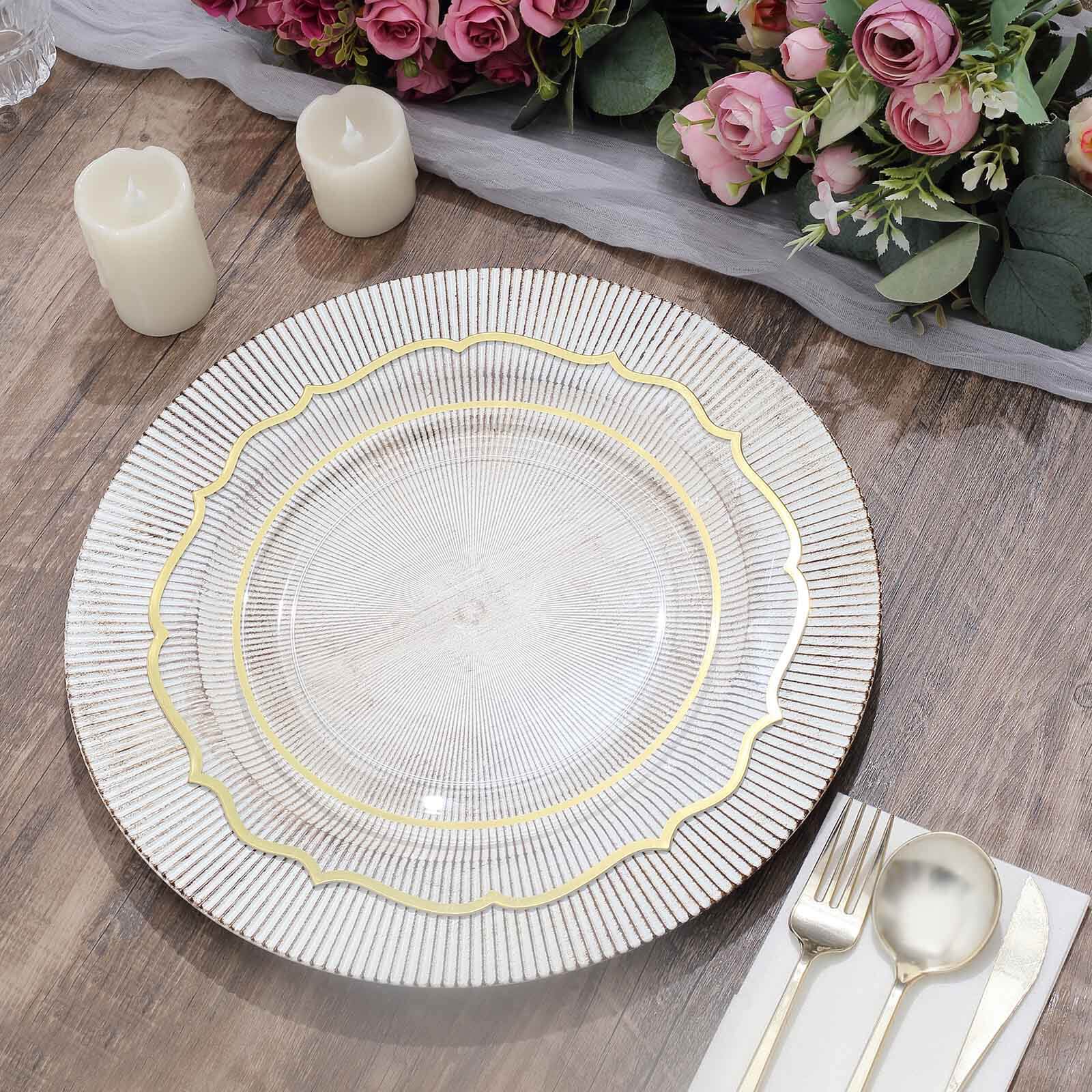 6-Pack Faux Wood Round Charger Plates 13" White Washed with Embossed Sunray Pattern, Chic Plastic Decorative Chargers