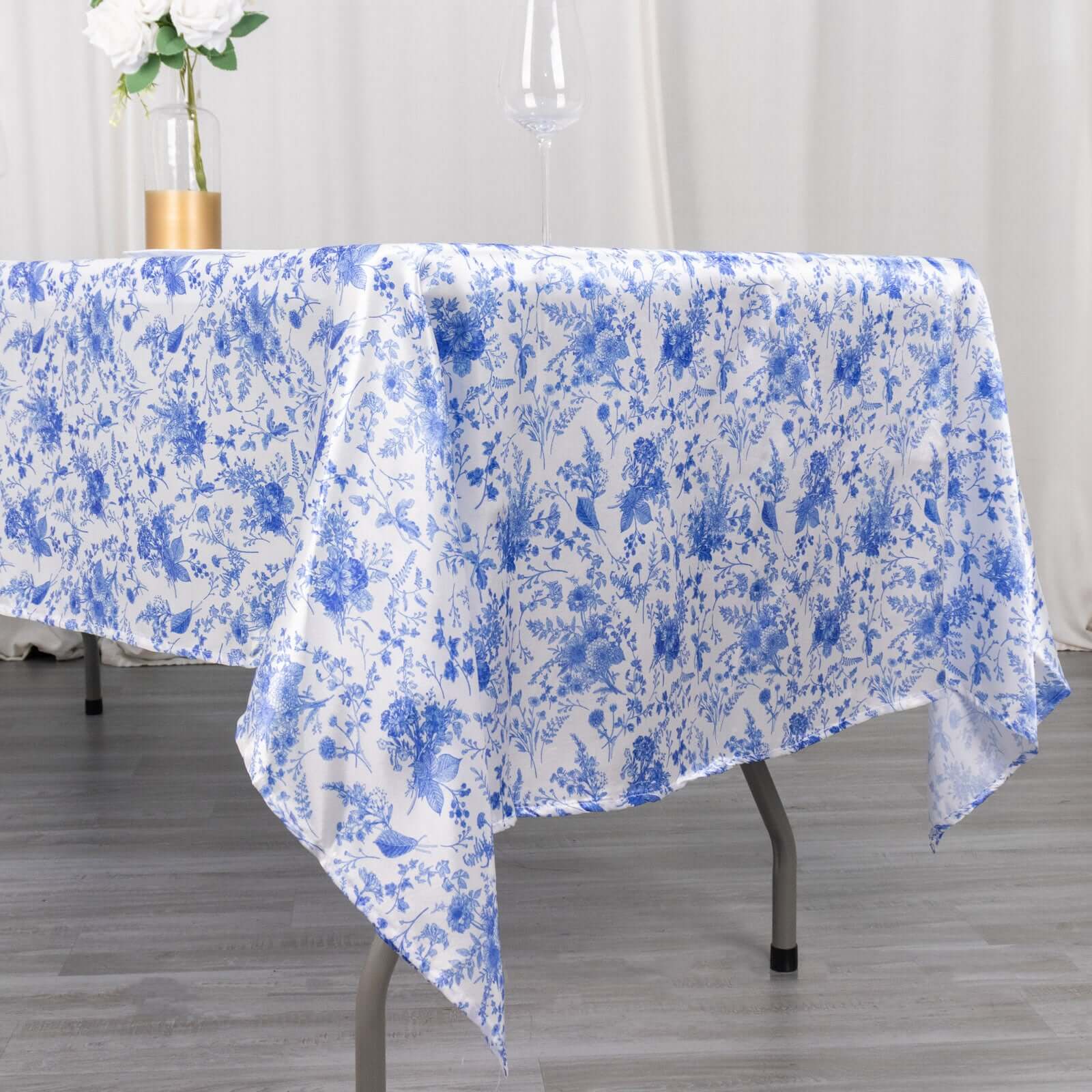 Satin Round 60"x102" Tablecloth White/Blue French Toile Design - Stylish & Wrinkle-Resistant Table Cover