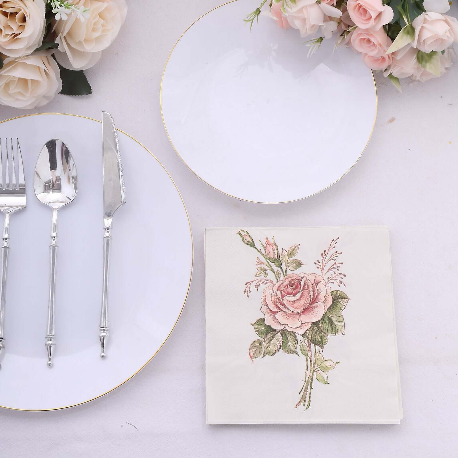 50-Pack Paper Beverage Napkins with Pink Floral Design Ivory - 2 Ply Soft 18GSM Rose Garden Wedding Napkins 6.5"x6.5"