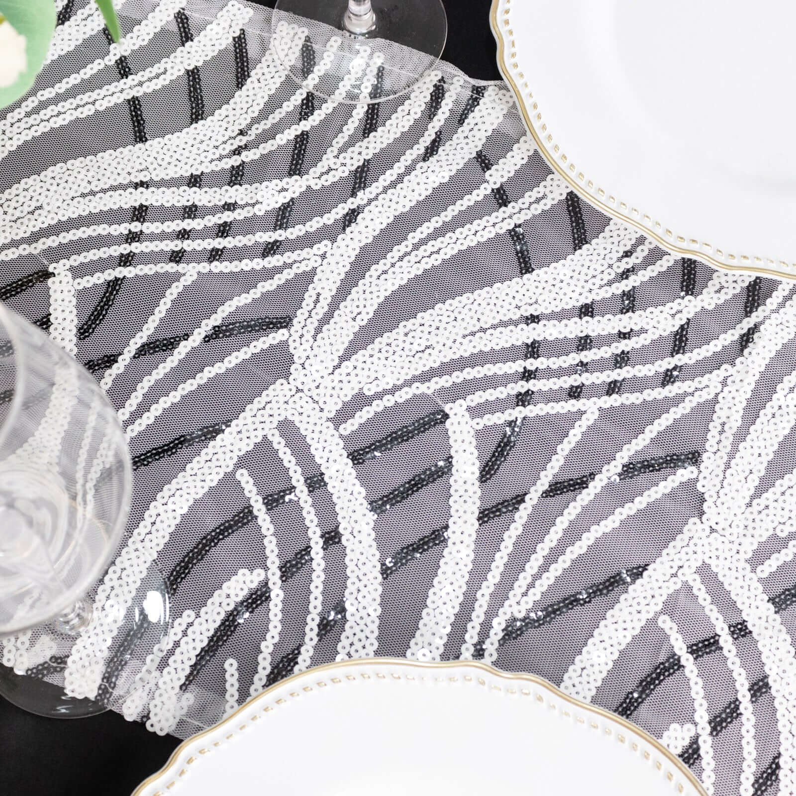 Sequin Mesh 12"x108" Table Runner White Black Stylish Wave Embroidery