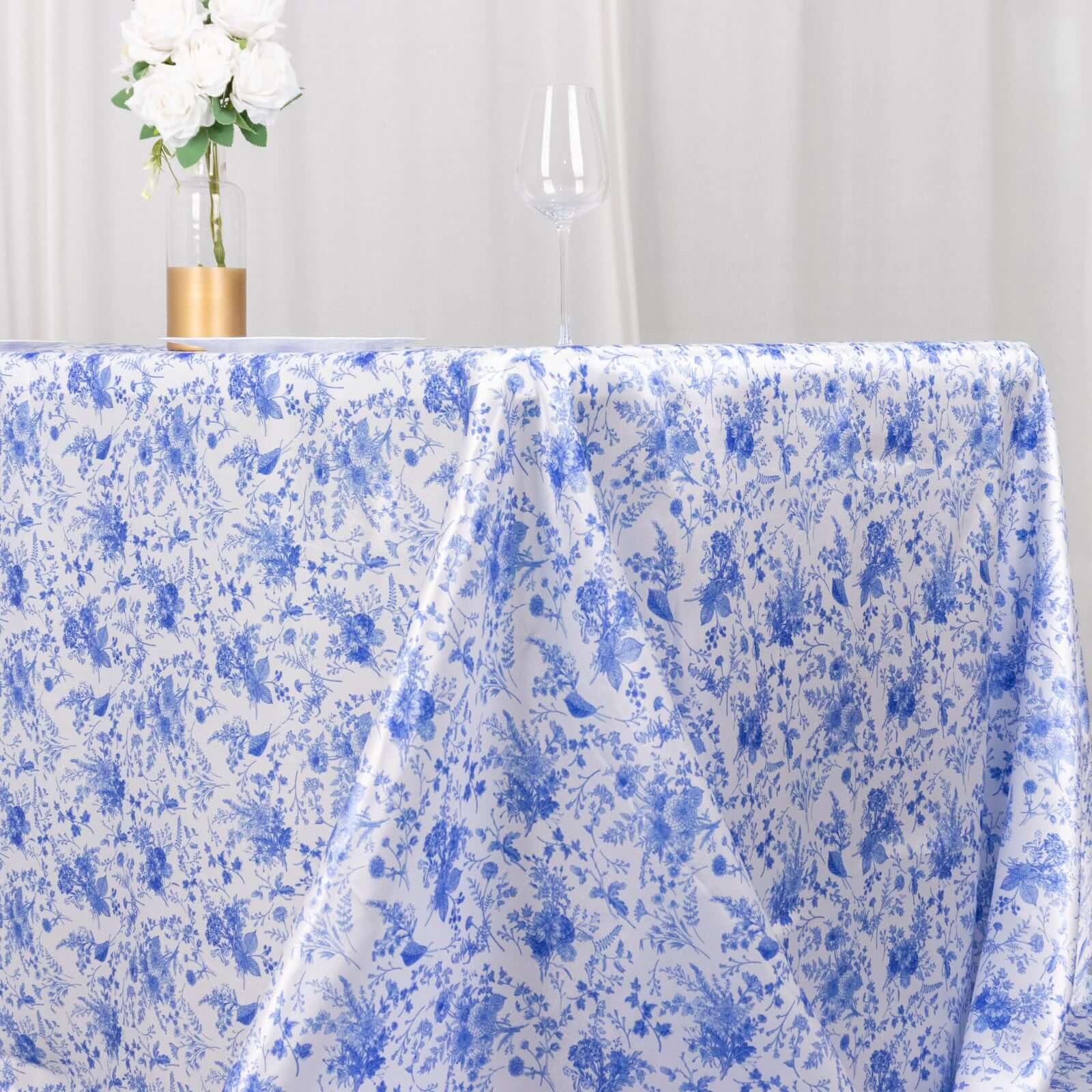 Satin Round 90"x156" Tablecloth White/Blue French Toile Design - Seamless Stylish & Wrinkle-Resistant Table Cover
