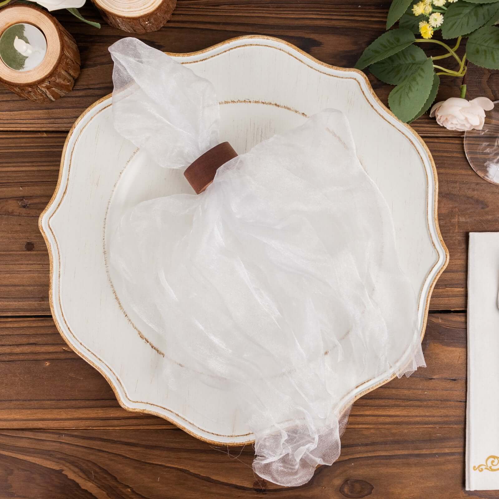 5 Pack Crinkled Organza 21"x21" Napkins White - Classy Rustic Style Dinner & Party Napkins