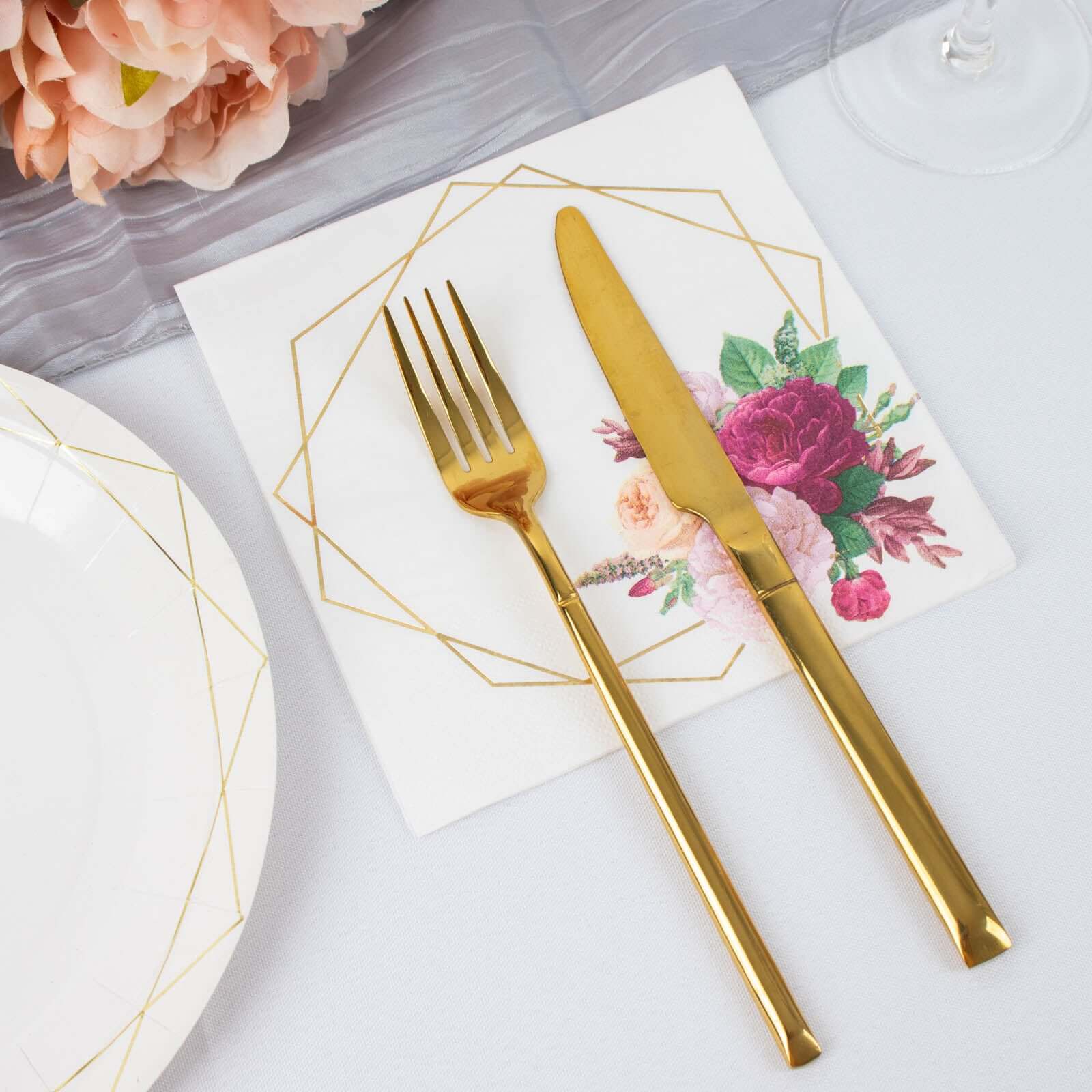 20-Pack Paper Napkins White with Gold Hexagon Frame & Floral Print 6.5"