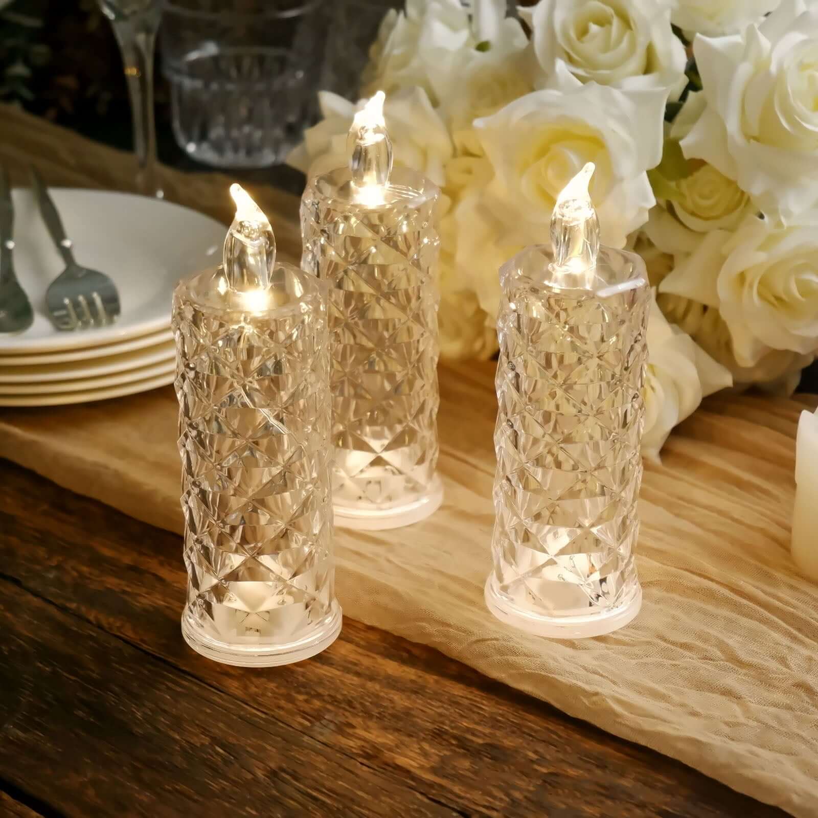 3-Pack LED Flameless Candle Lights Rose Halo Acrylic Diamond Pattern Warm White - Pillar Lamps 6"