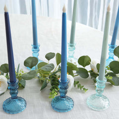 6-Pack Glass Taper Candlestick Holders Diamond Pattern Design Assorted Blue - Reversible Crystal Pillar Votive Stands 4"