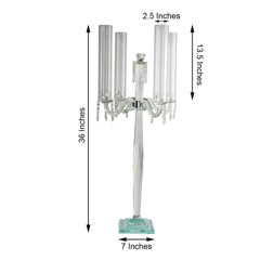 4 Arm Crystal Glass Taper Candle Holder Candelabra, Decorative Table Centerpiece With Chandelier Chains 36"