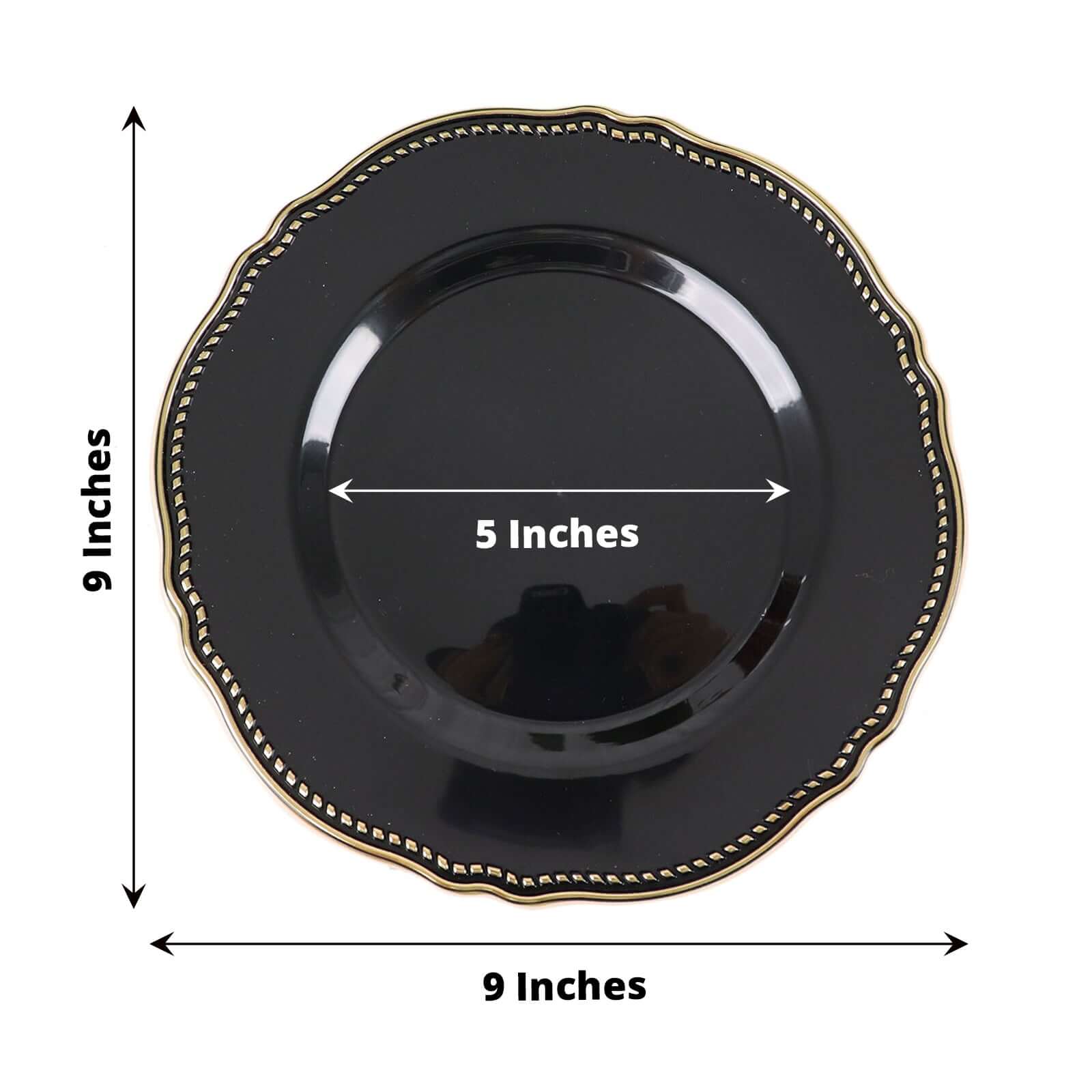 10-Pack Plastic Dinner Plates in Black with Gold Scalloped Rim - Disposable Party Plates for Upscale Events & Banquets 9"