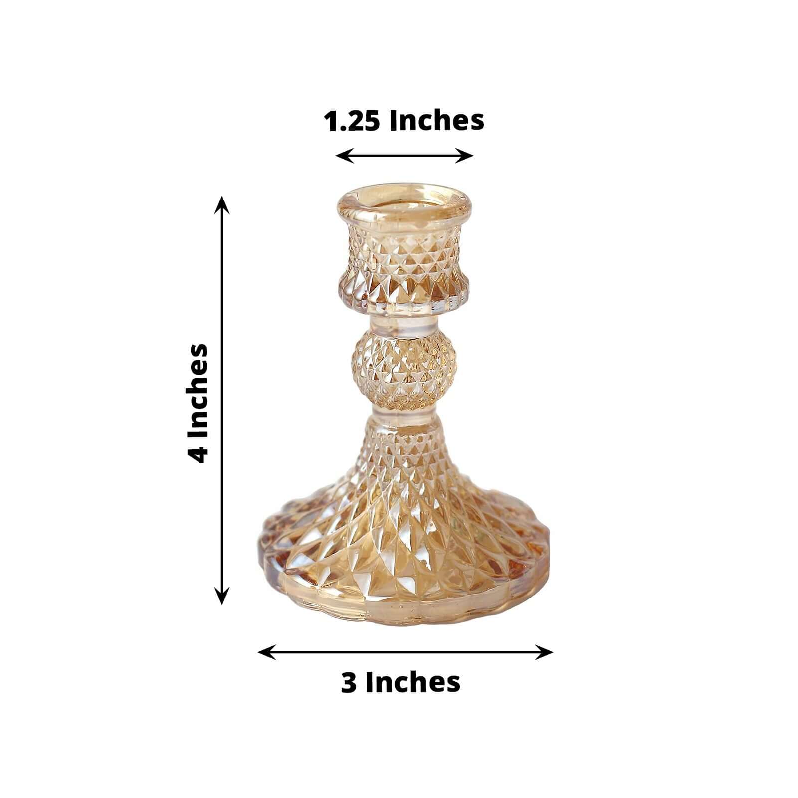 6-Pack Glass Taper Candlestick Holders Diamond Pattern Design Amber Gold - Reversible Crystal Pillar Votive Stands 4"