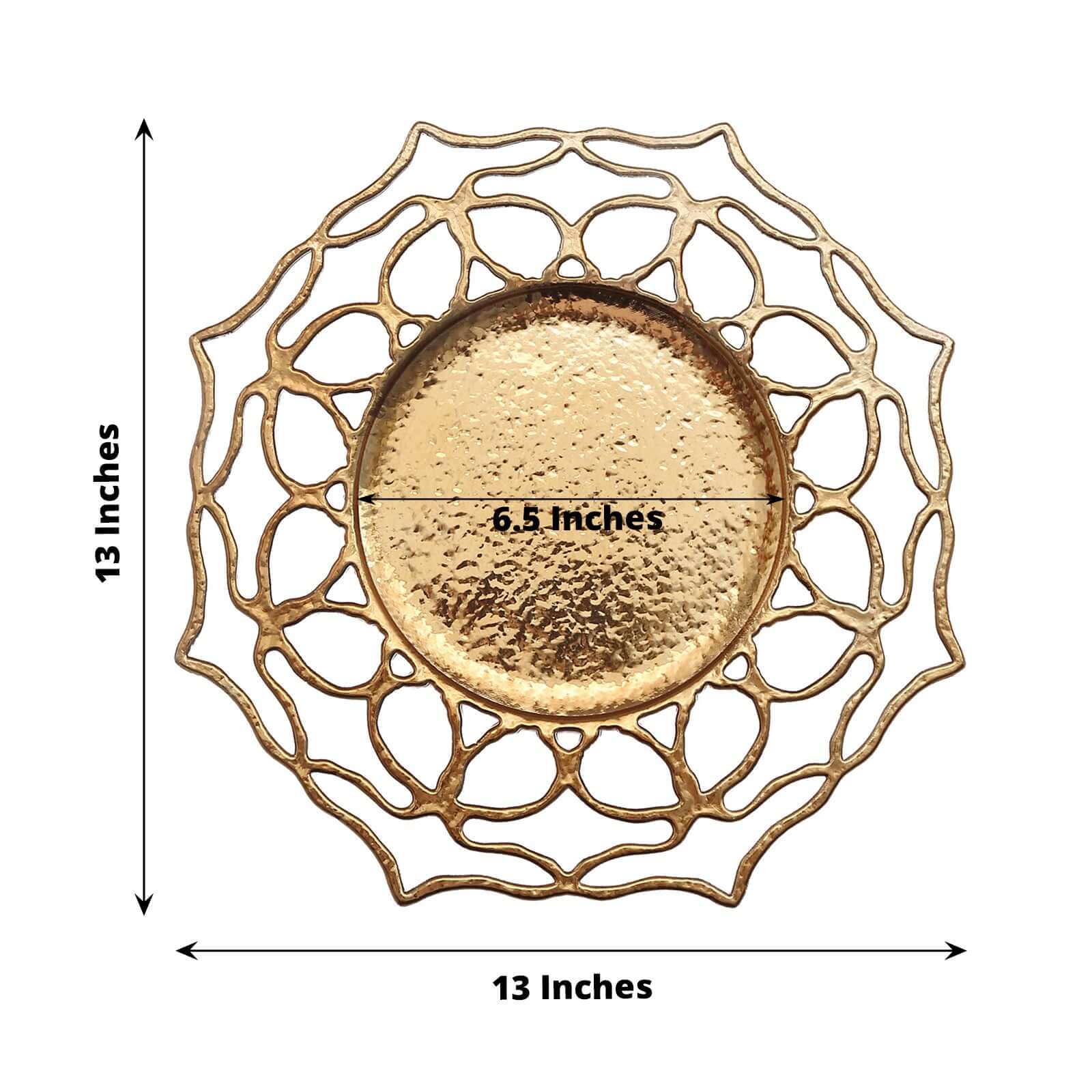 6-Pack Acrylic Round Charger Plates 13" in Gold with Floral Cutout Design, Hollow Flower Plastic Decorative Dinner Party Charger Tableware