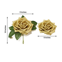 24 Roses 5" Gold Artificial Foam Flowers With Stem Wire and Leaves