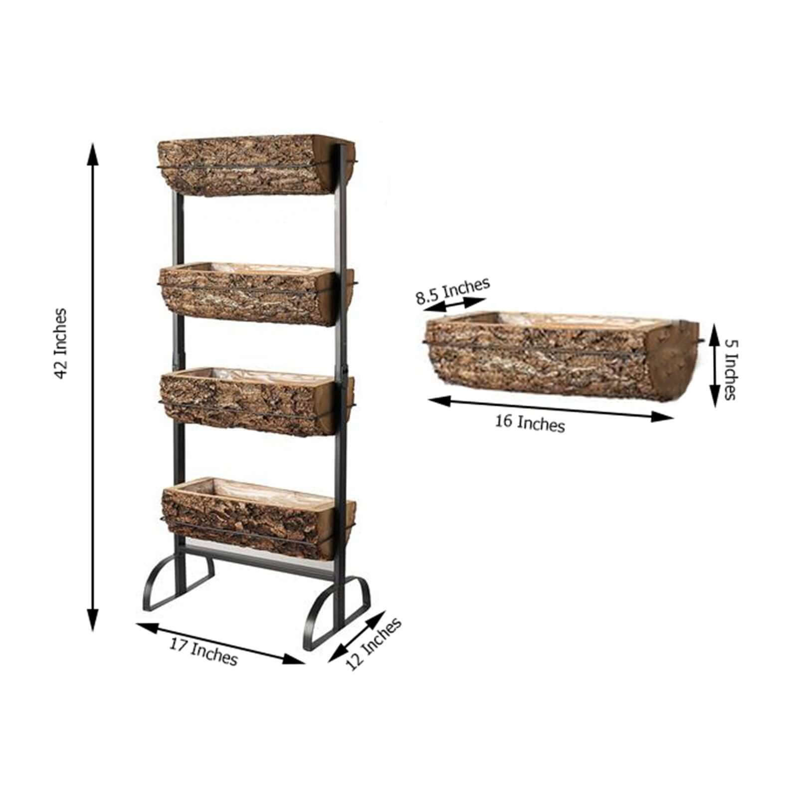 42" 4-Tier Metal Ladder Plant Stand With Natural Wooden Log Planters
