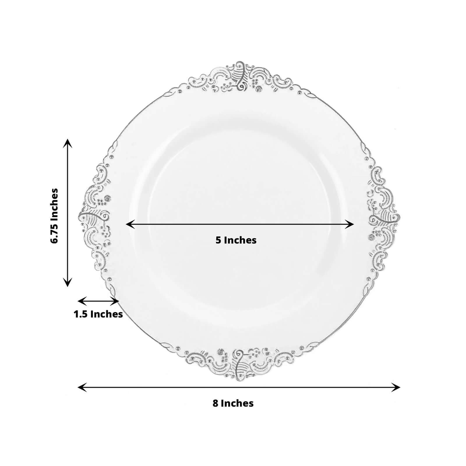 10-Pack Plastic 8" Round Dessert Plates in White with Silver Leaf Embossed Rim - Disposable Vintage Baroque Style Salad Plates
