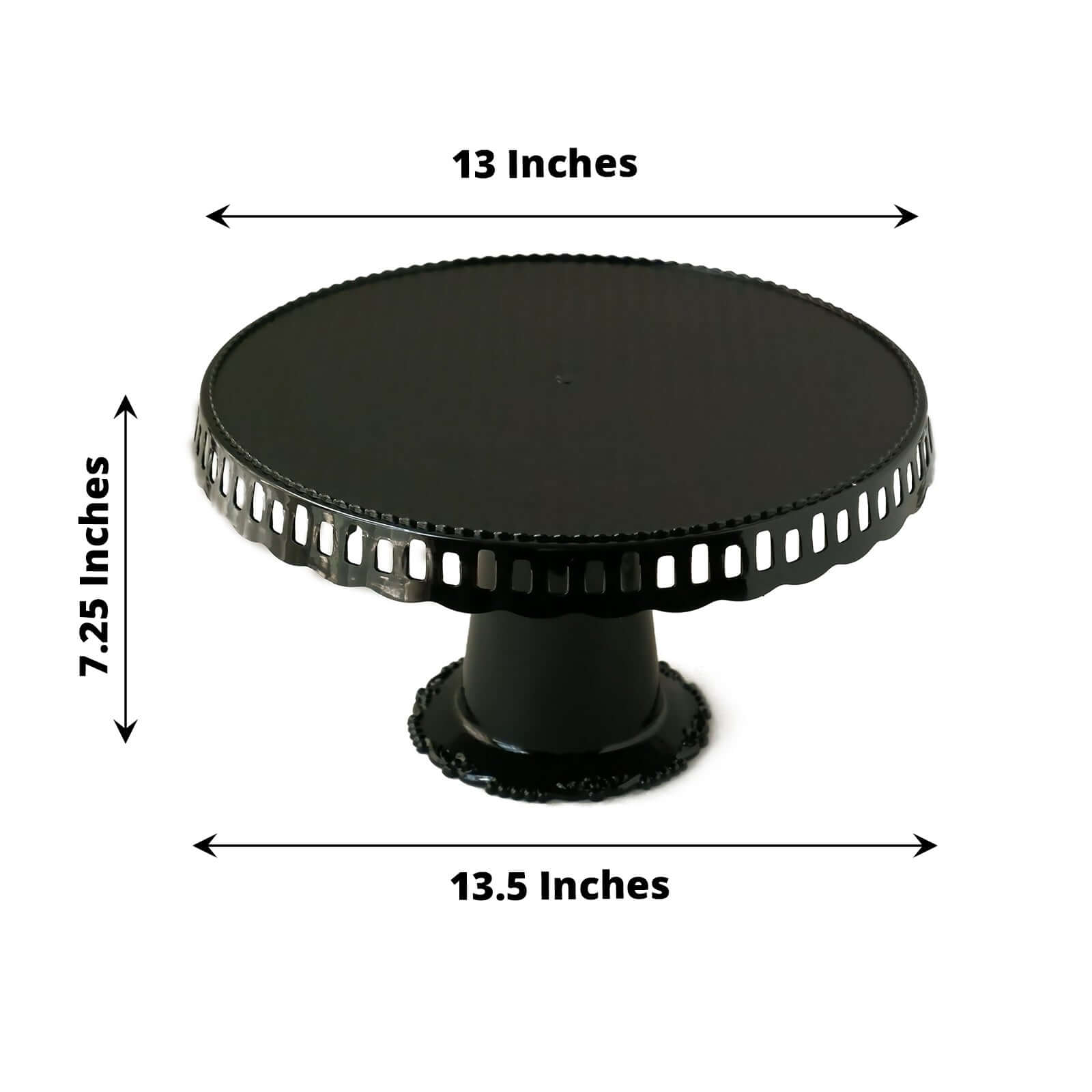 4-Pack Plastic Round Pedestal Cake Stands Black - Reusable Cupcake Pastry Display Risers with Hollow Ribbon Trim Edges for Stylish Dessert Presentation 13"