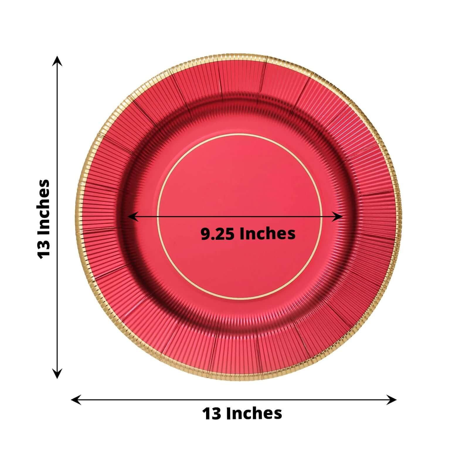 25-Pack Disposable Round Charger Plates in Burgundy Sunray Design with Gold Rim - 350GSM Heavy Duty Paper Chargers 13"