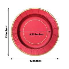 25-Pack Disposable Round Charger Plates in Burgundy Sunray Design with Gold Rim - 350GSM Heavy Duty Paper Chargers 13"