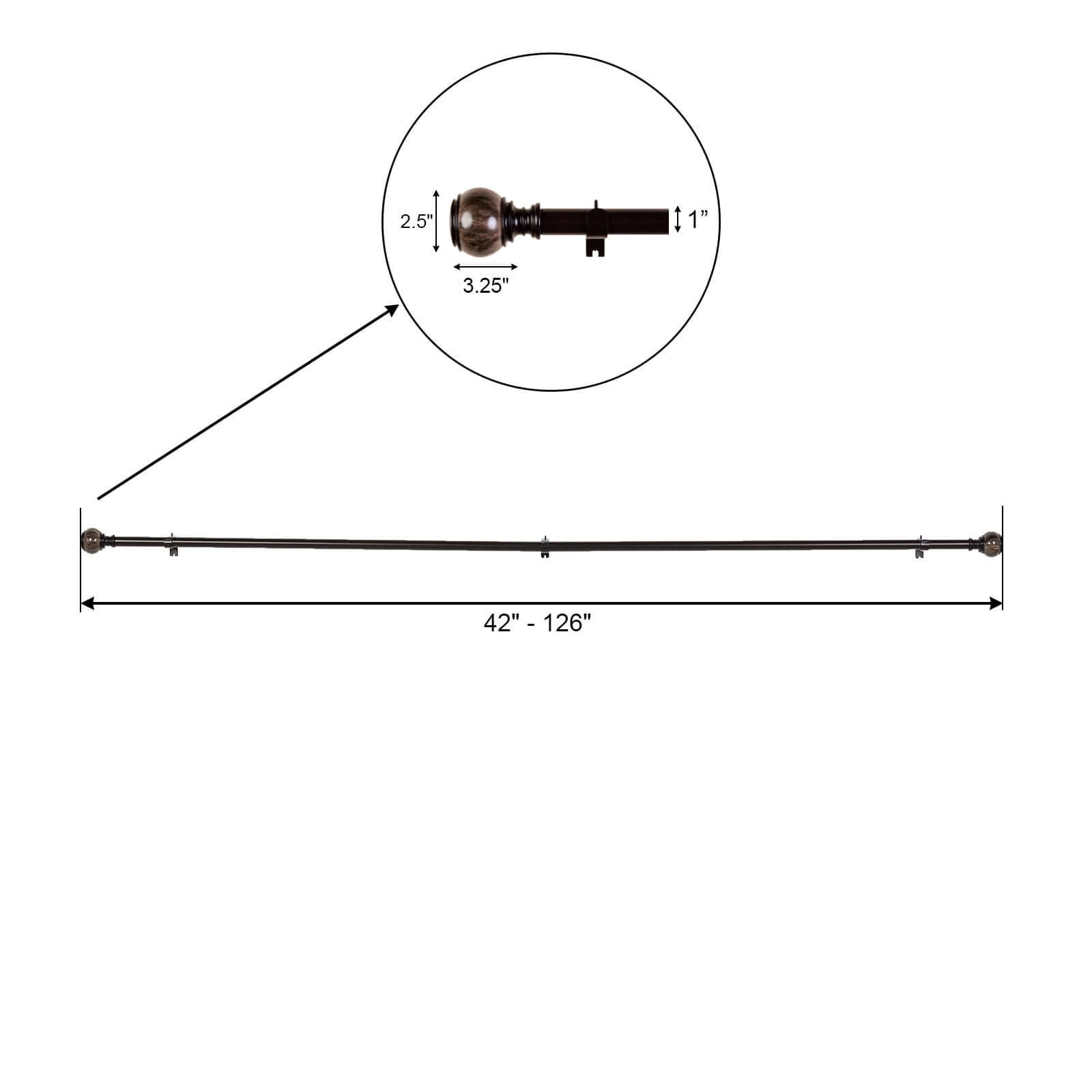 42"-126" Adjustable Curtain Rod Set, Chocolate Brown, Marble Finials