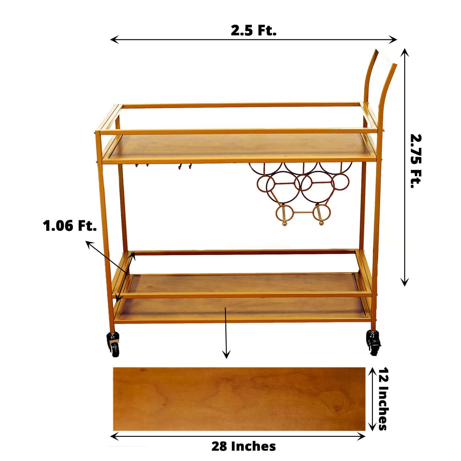Gold Metal Bar Cart with Wooden Serving Trays 2-Tier - Wine Rack Holds 5 Bottles and 2 Glasses for Events 3ft