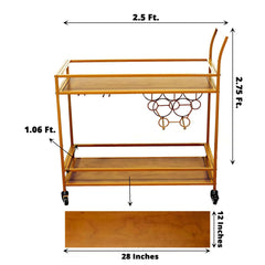Gold Metal Bar Cart with Wooden Serving Trays 2-Tier - Wine Rack Holds 5 Bottles and 2 Glasses for Events 3ft
