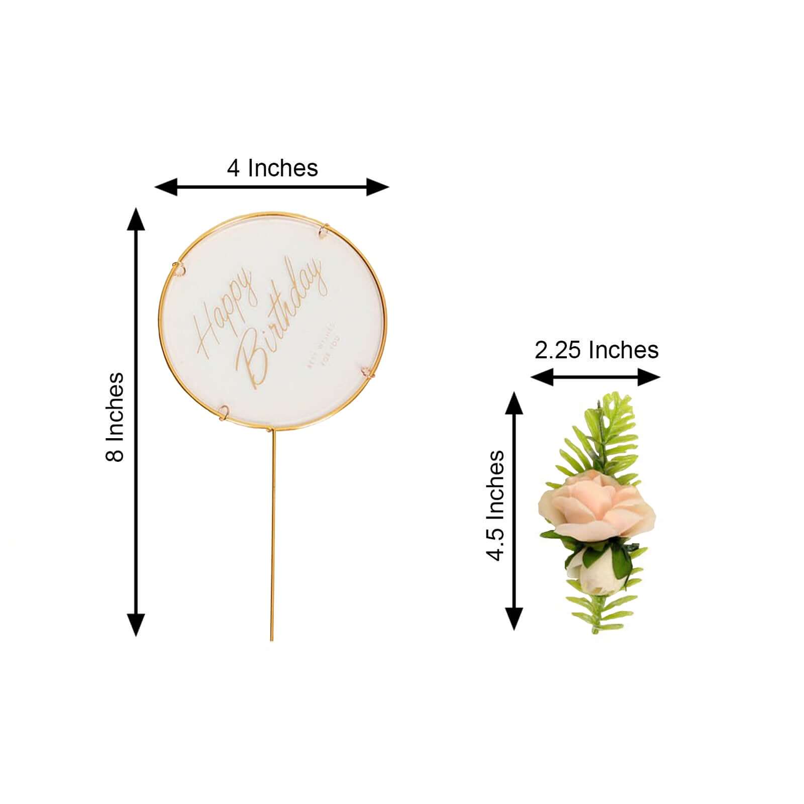 3 Pcs Happy Birthday Cake Toppers with Gold Metal Frames & Clear Acrylic Panels - Charming Reusable Cake Decorations with Stylish Silk Flower Accents