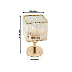2 Pack 9" Crystal Pendant Hurricane Candle Holders in Gold, Elegant Square Design for Pillar Candles, Decorative Table Centerpieces