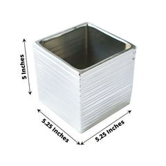 2 Pack 5" Silver Brush Textured Ceramic Square Indoor Plant Pots, Cube Shaped Flower Box
