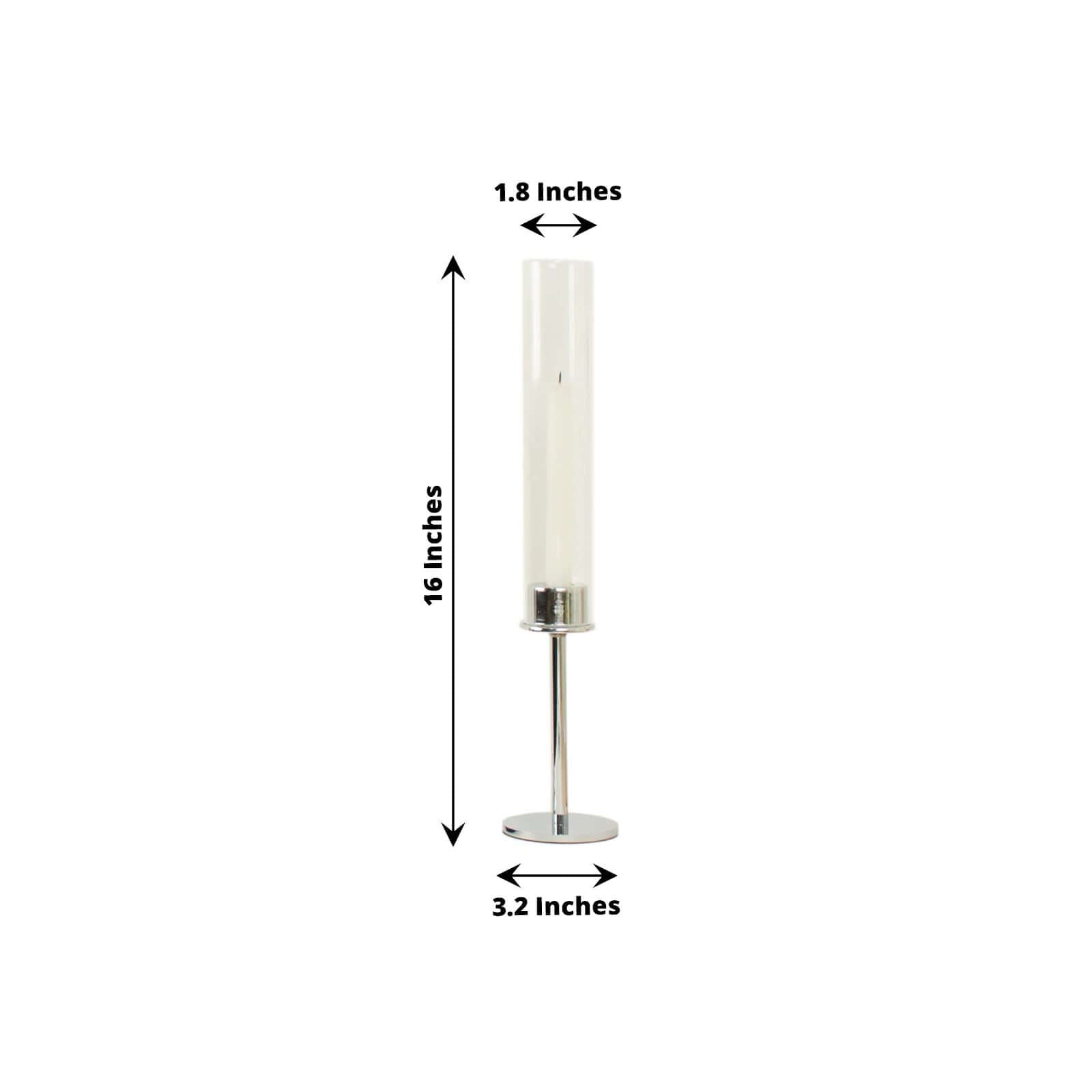 2-Pack Silver Metal Taper Candlestick Holders, Clear Glass Hurricane Candle Stands With Chimney Candle Shades 16"